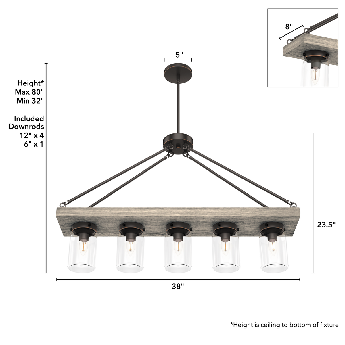 Devon Park 38-inch 5-light Onyx Bengal and Barnwood Linear Chandelier with Clear Glass