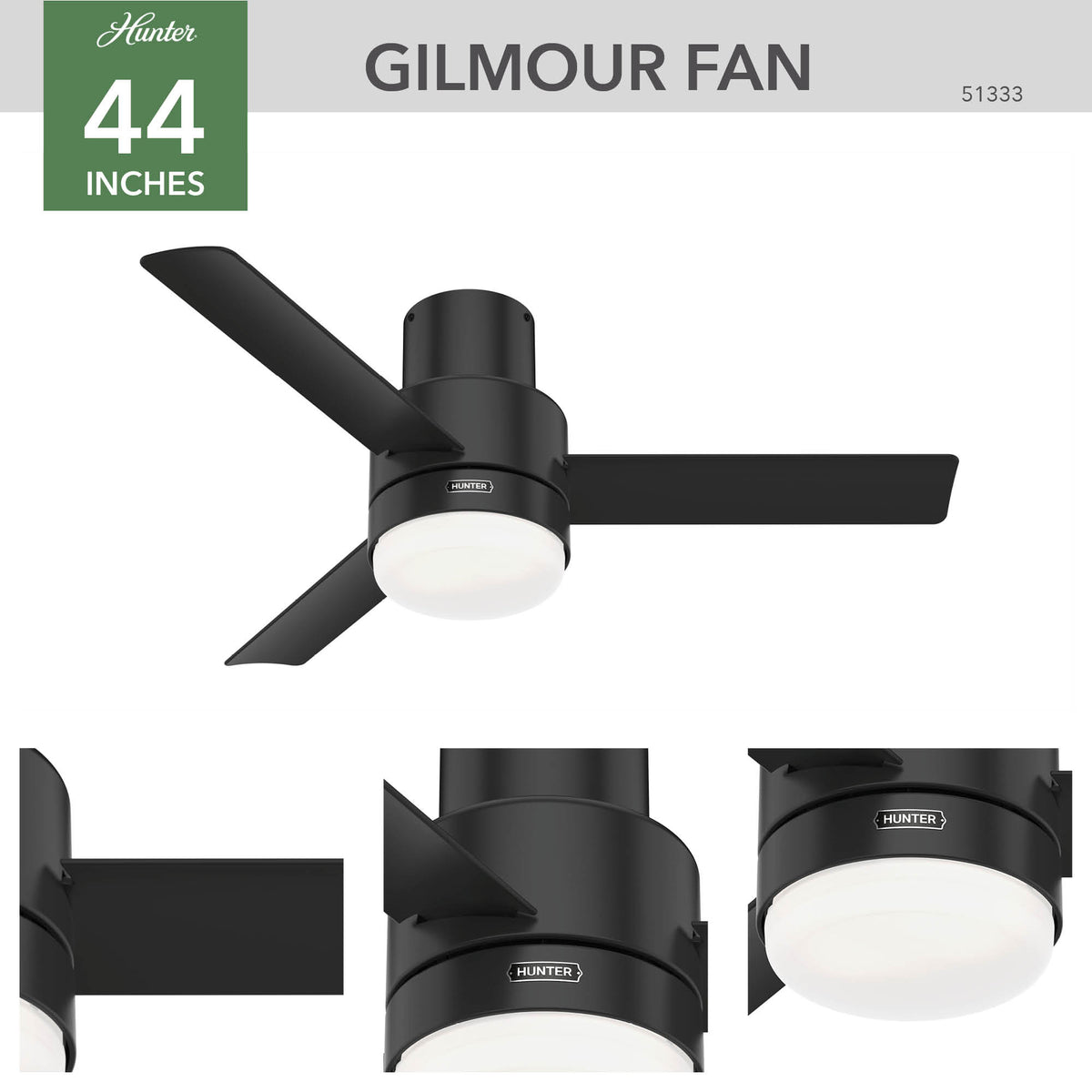 44 inch Gilmour Matte Black Low Profile Damp Rated Ceiling Fan with LED Light Kit and Handheld Remote