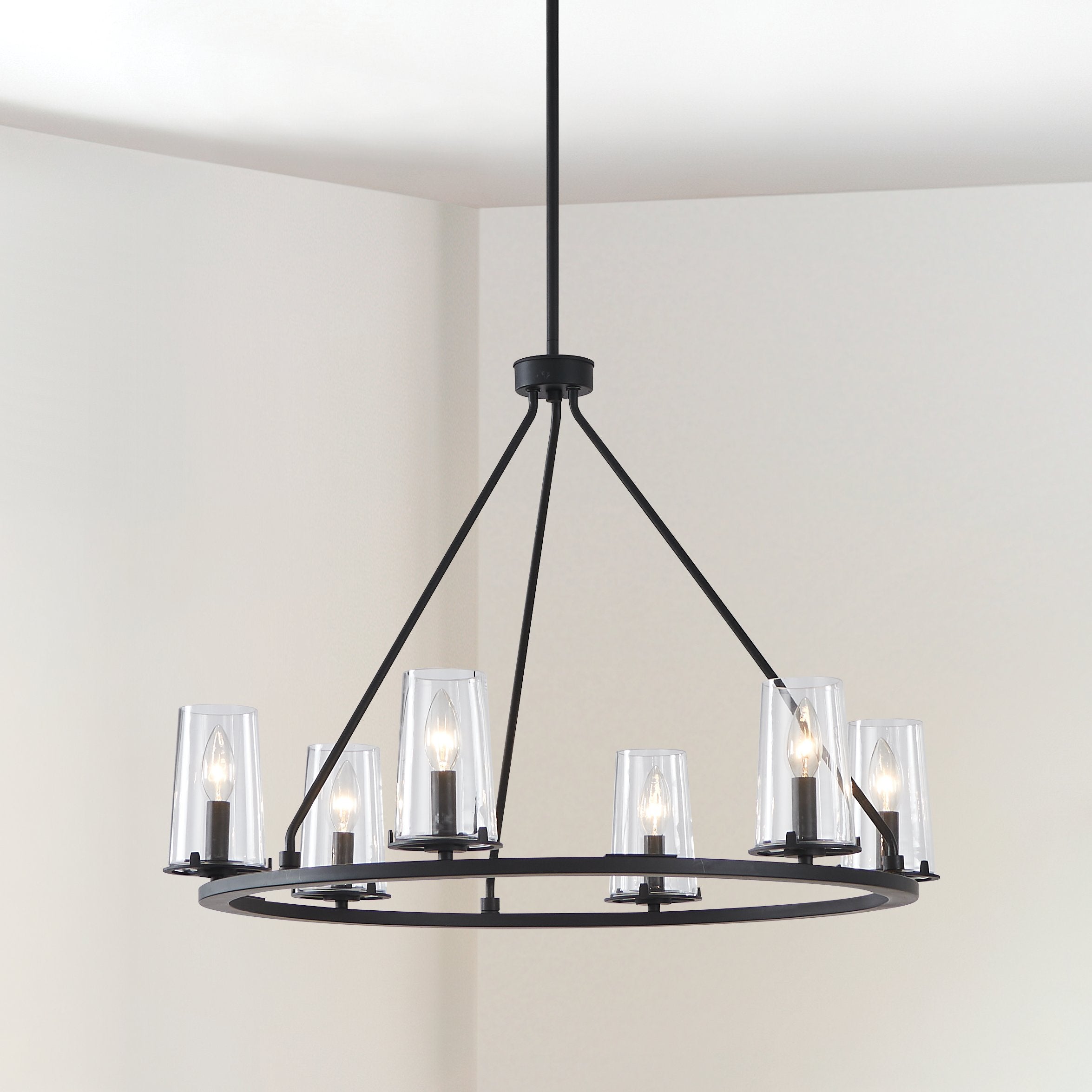 Jared 30-inch 6-light Matte Black Chandelier with Clear Glass Shades