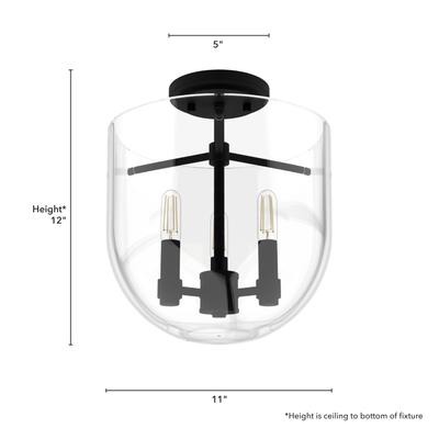 Sacha 11-inch 3-light Natural Black Iron Semi-Flush Mount with Clear Glass