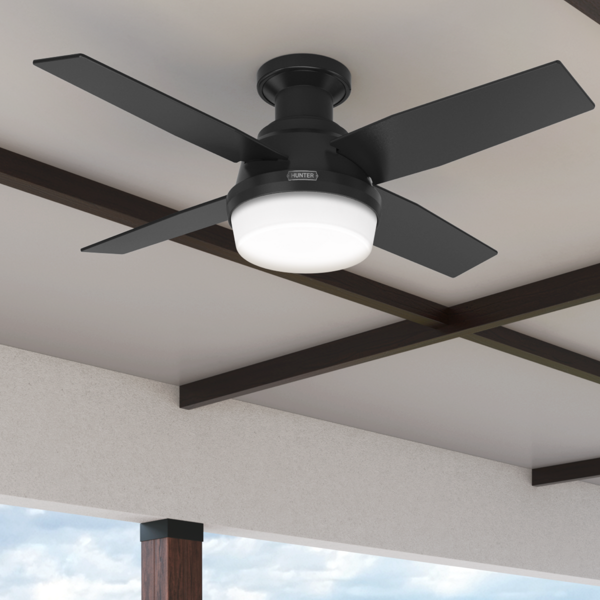 44 inch Dempsey Matte Black Low Profile Damp Rated Ceiling Fan with LED Light Kit and Handheld Remote