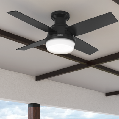 44 inch Dempsey Matte Black Low Profile Damp Rated Ceiling Fan with LED Light Kit and Handheld Remote