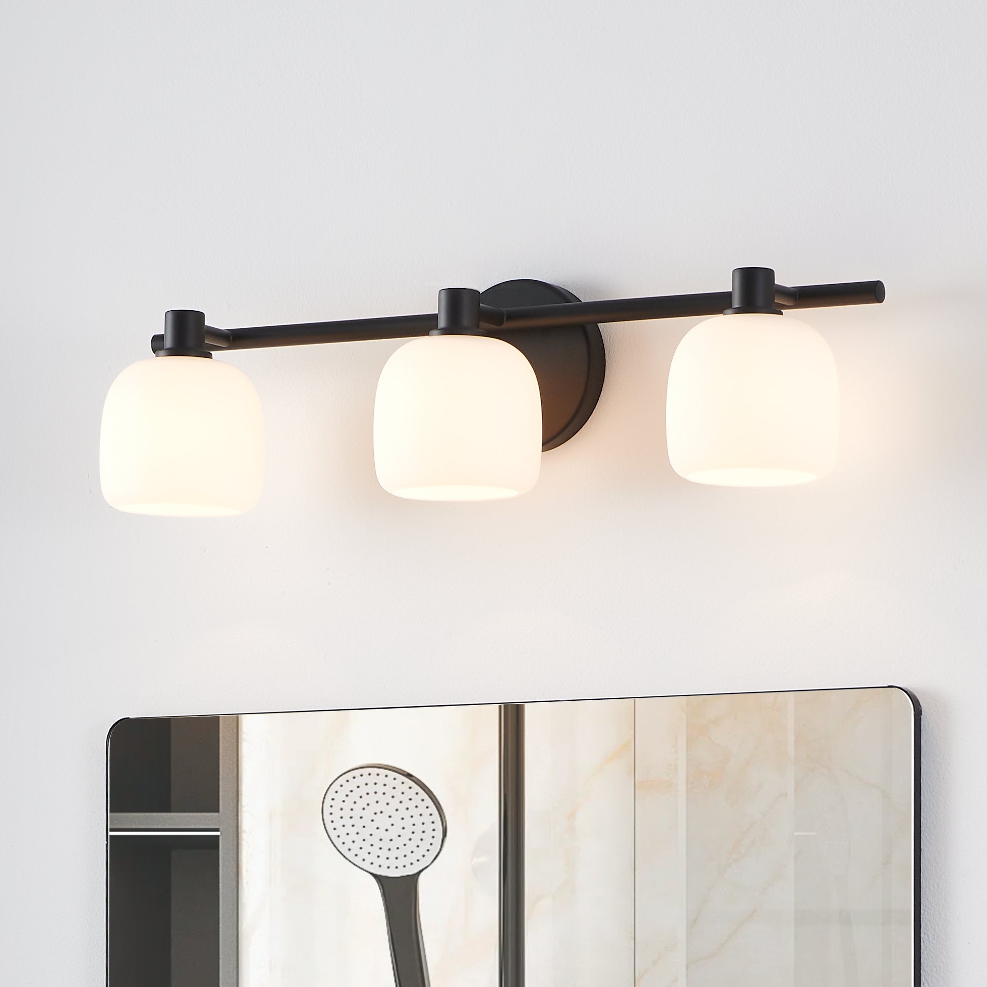 Valentina 24-inch 3-light Matte Black Vanity Light with Etched Opal Glass Shades