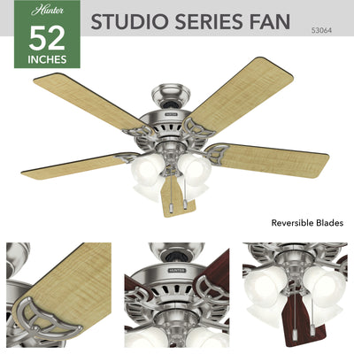 52 inch Studio Series Brushed Nickel Ceiling Fan with LED Light Kit and Pull Chain