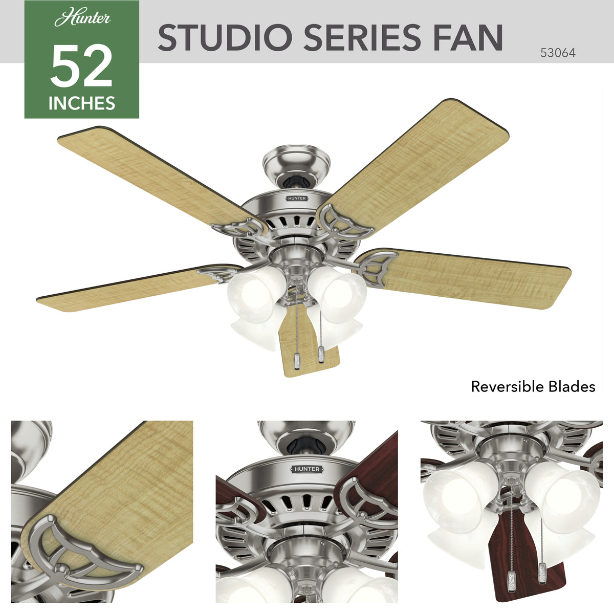 52 inch Studio Series Brushed Nickel Ceiling Fan with LED Light Kit and Pull Chain