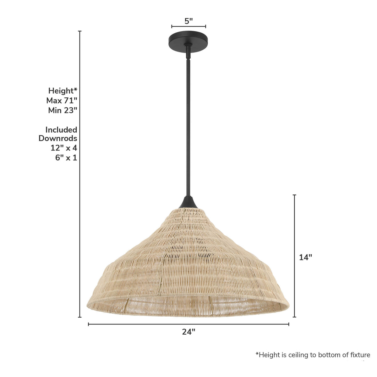 Agoura 24-inch 3-light Matte Black Pendant with Natural Rattan Shade