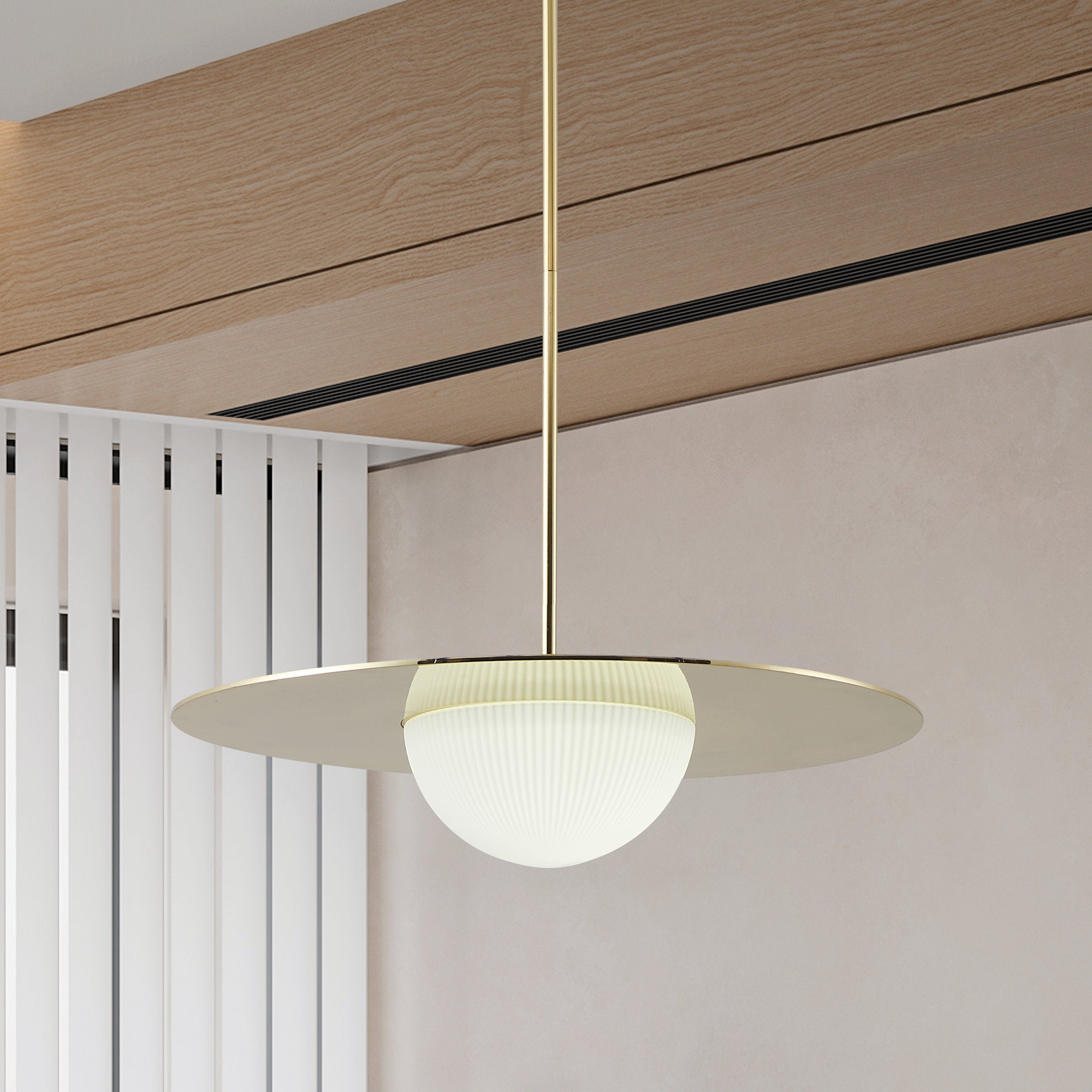 Solstice 22-inch Polished Brass 5CCT LED Convertible Pendant with Opal Ribbed Glass Shade