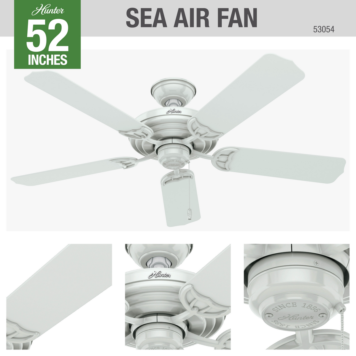 52 inch Sea Air White Indoor/Outdoor Ceiling Fan and Pull Chain