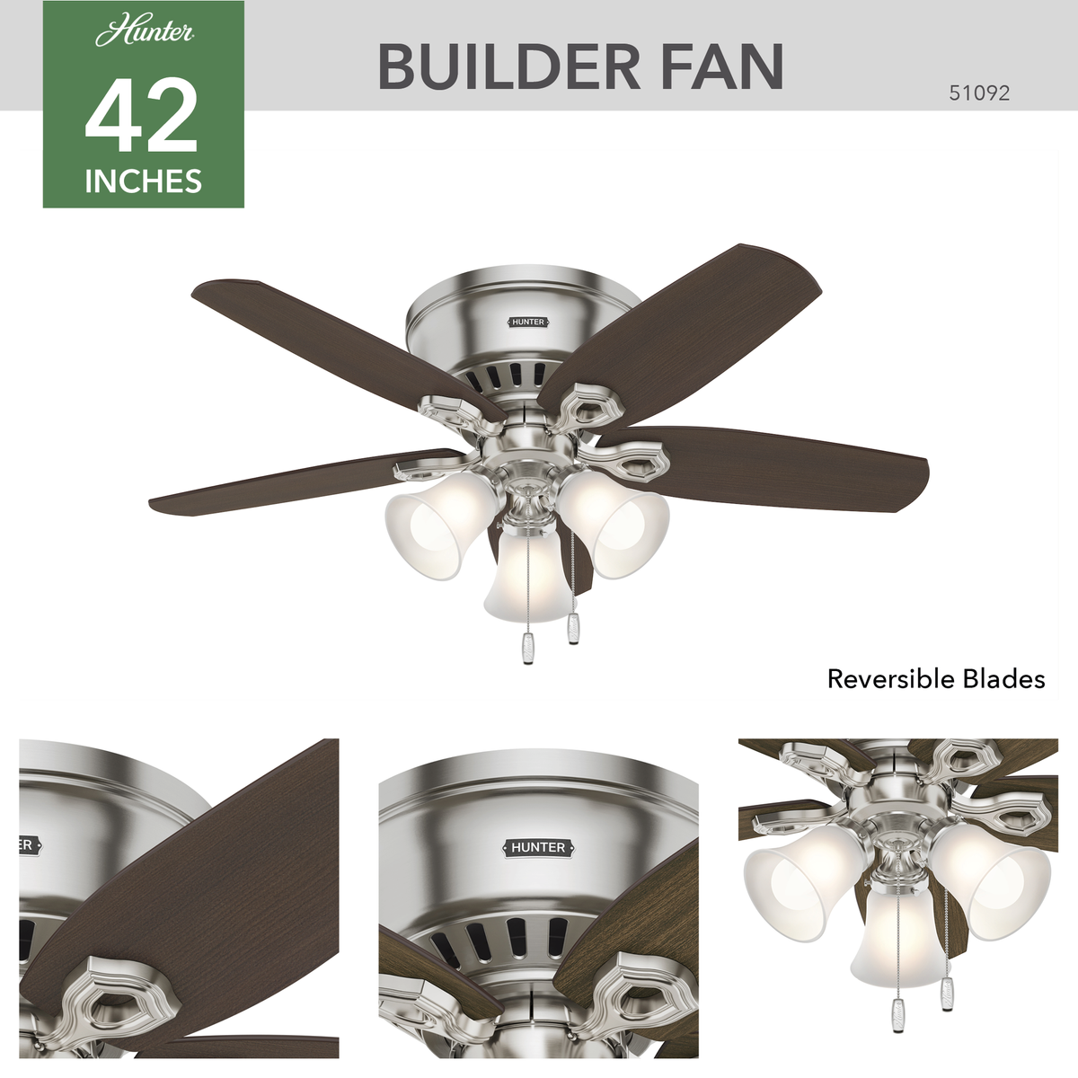 42 inch Builder Brushed Nickel Low Profile Ceiling Fan with LED Light Kit and Pull Chain