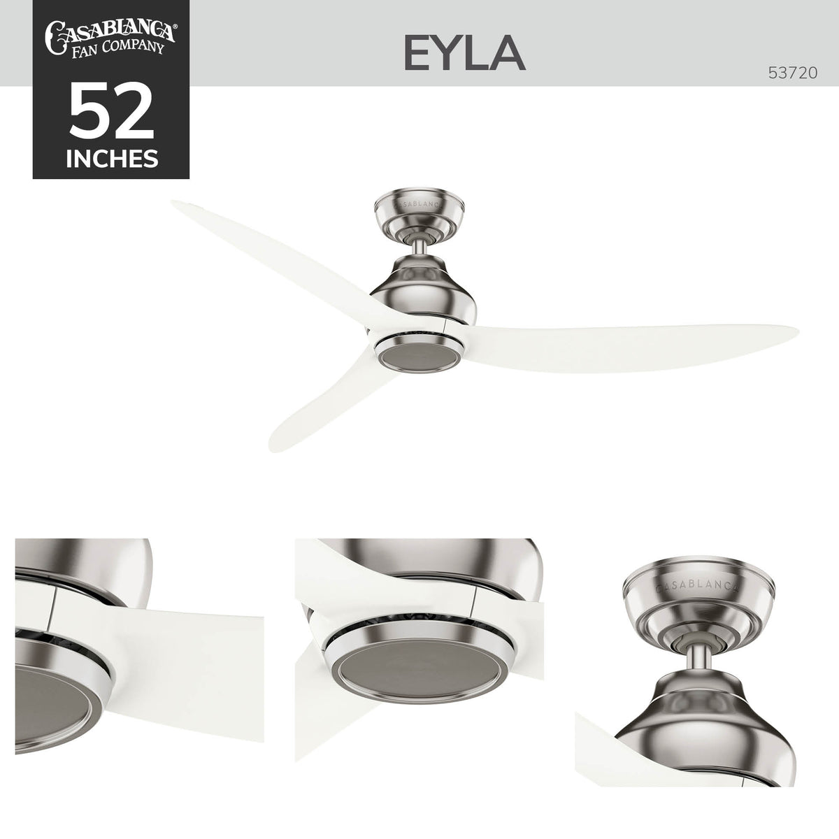 Casablanca 52 inch Eyla ENERGY STAR® Brushed Nickel Ceiling Fan and Wall Control and Handheld Remote