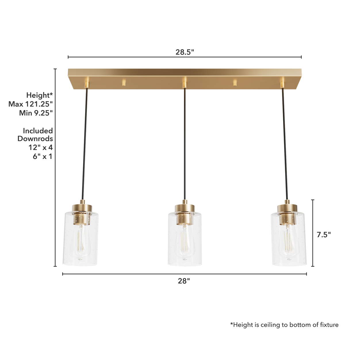 Hartland 26.75-inch 3-light Alturas Gold Linear Pendant Cluster with Seeded Glass