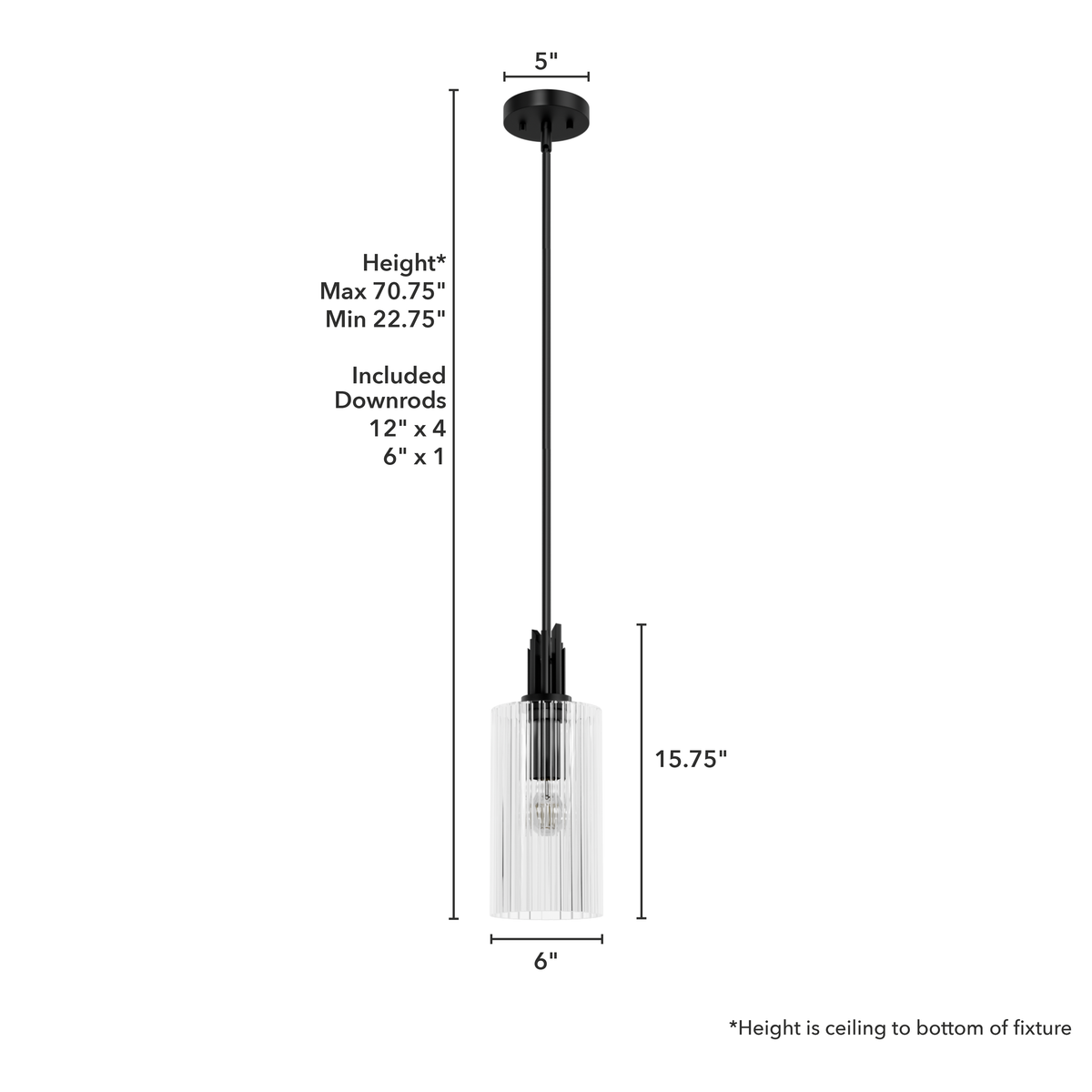 Gatz 6-inch 1-light Matte Black Pendant with Clear Fluted Glass