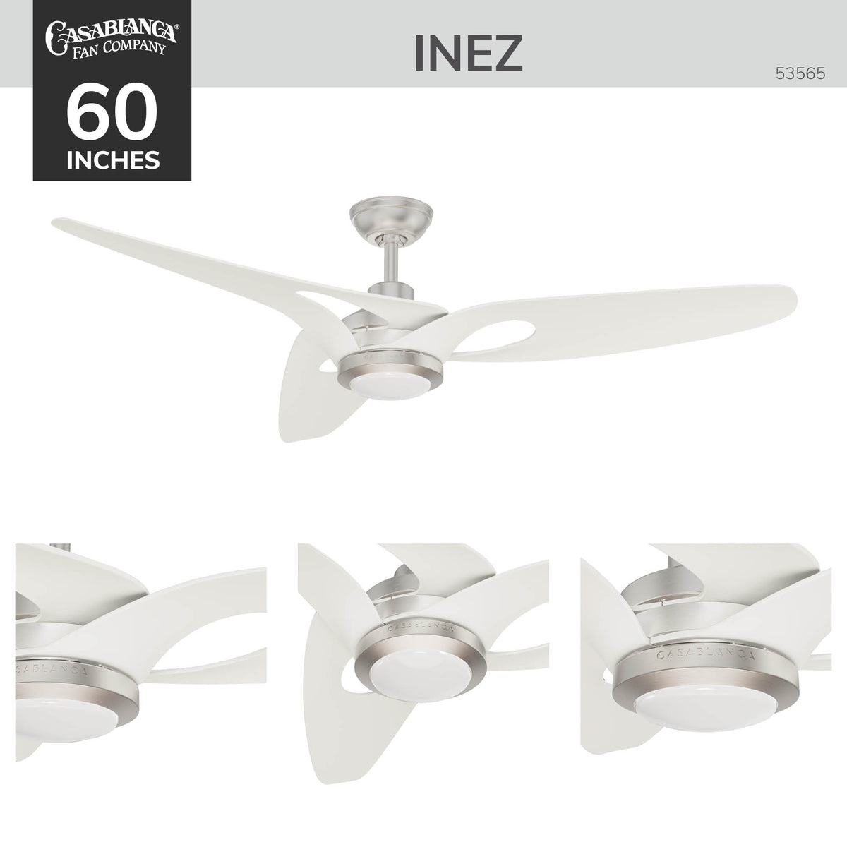 Casablanca 60 inch Inez ENERGY STAR® Brushed Nickel Damp Rated Ceiling Fan with LED Light Kit and Wall Control and Handheld Remote