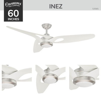 Casablanca 60 inch Inez ENERGY STAR® Brushed Nickel Damp Rated Ceiling Fan with LED Light Kit and Wall Control and Handheld Remote