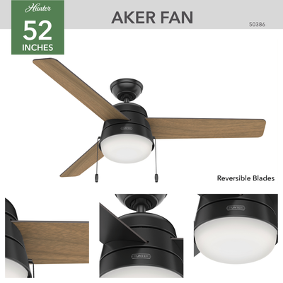 52 inch Aker Matte Black Damp Rated Ceiling Fan with LED Light Kit and Pull Chain