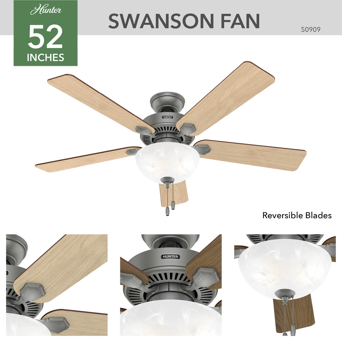 52 inch Swanson Matte Silver Ceiling Fan with LED Light Kit and Pull Chain