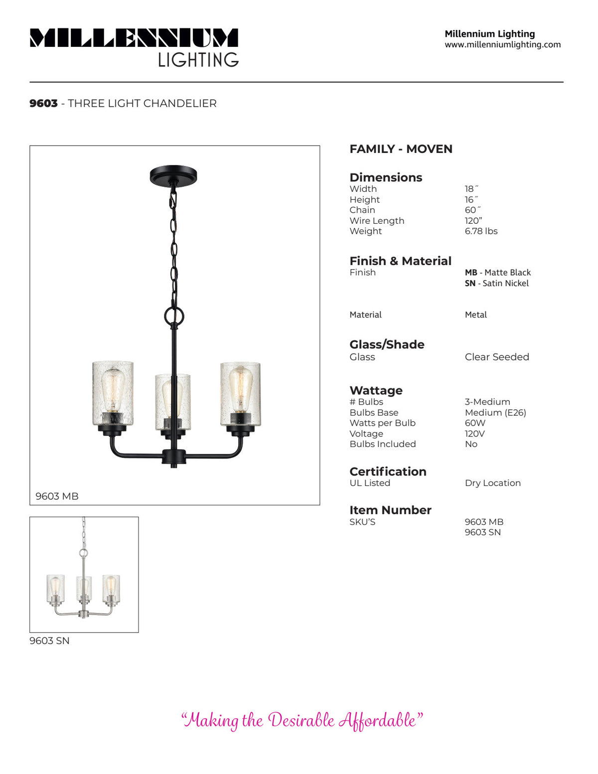 16'' Moven Satin Nickel 3 Light Chandelier