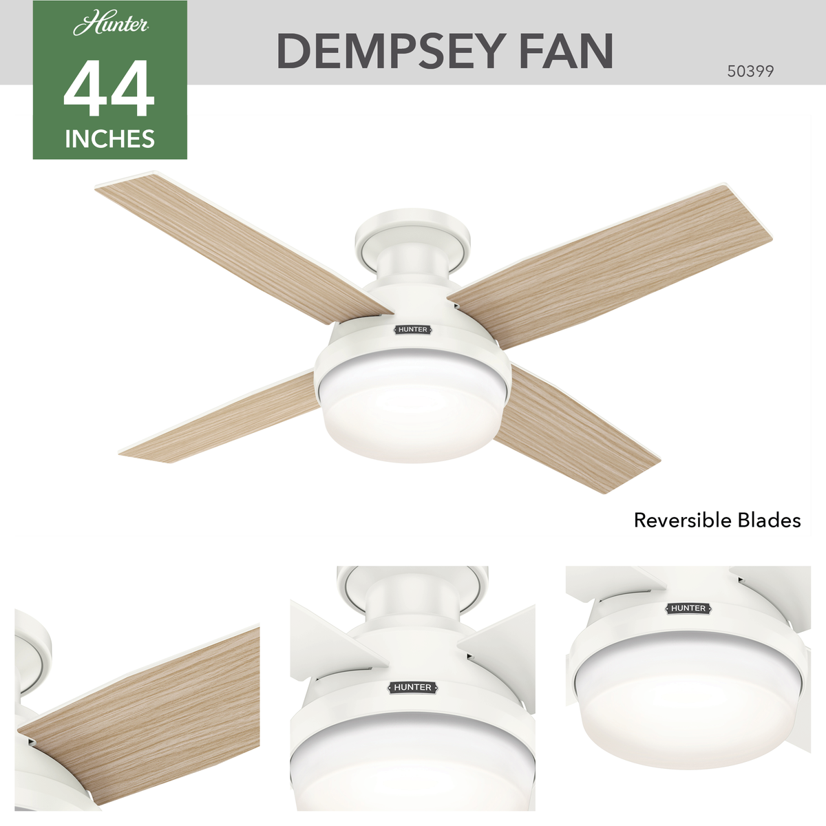 44 inch Dempsey Fresh White Low Profile Damp Rated Ceiling Fan with LED Light Kit and Handheld Remote