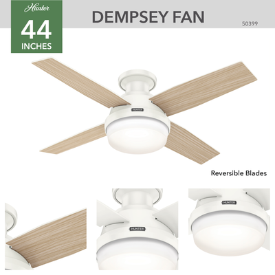 44 inch Dempsey Fresh White Low Profile Damp Rated Ceiling Fan with LED Light Kit and Handheld Remote