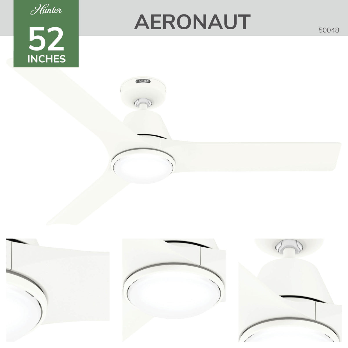 52 inch Aeronaut Wi-Fi ENERGY STAR® Matte White Damp Rated Ceiling Fan with LED Light Kit and Handheld Remote