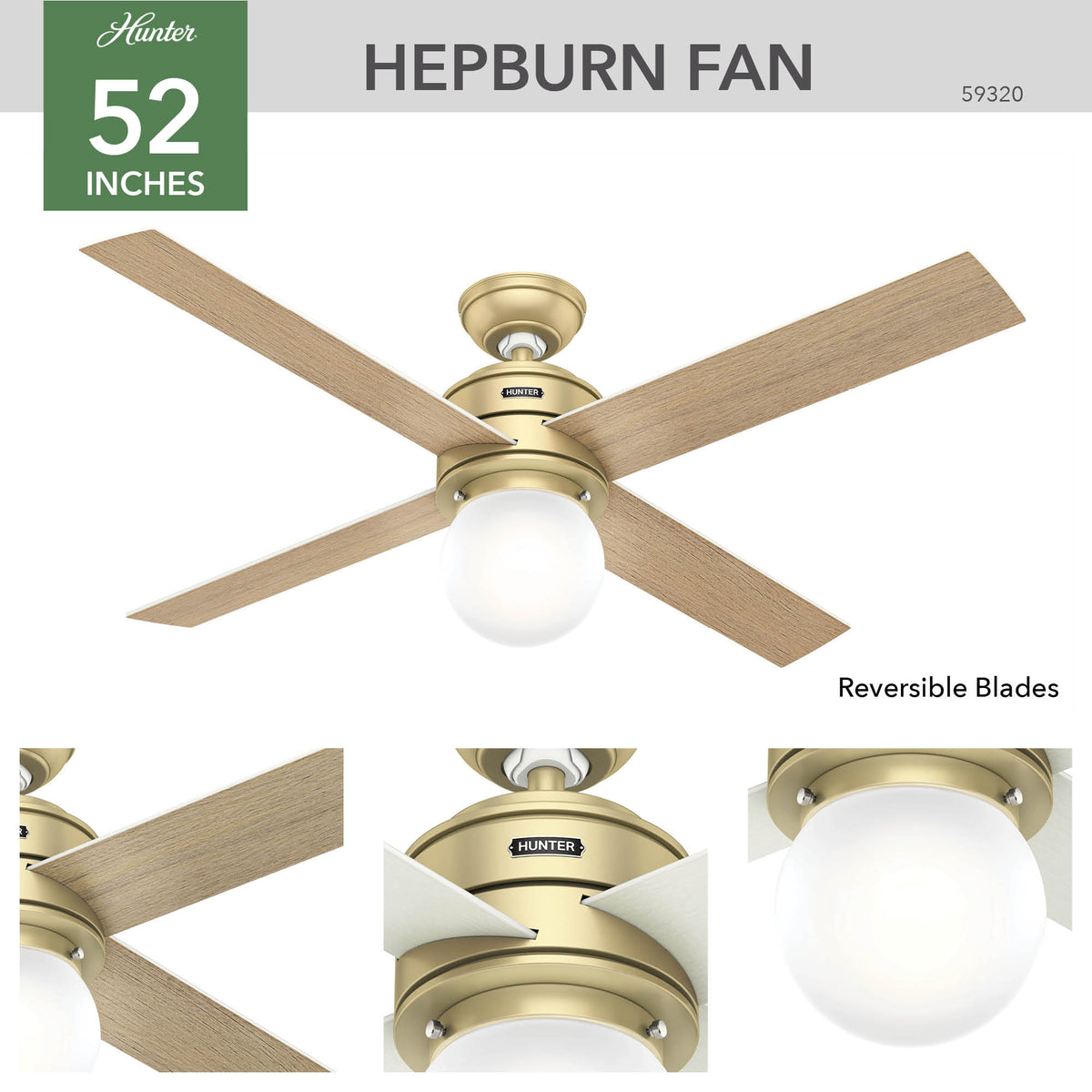 52 inch Hepburn Modern Brass Ceiling Fan with LED Light Kit and Wall Control