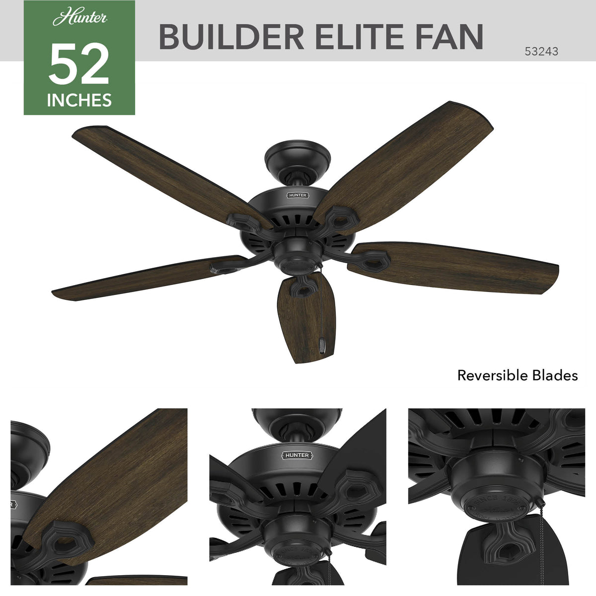 52 inch Builder Matte Black Ceiling Fan and Pull Chain