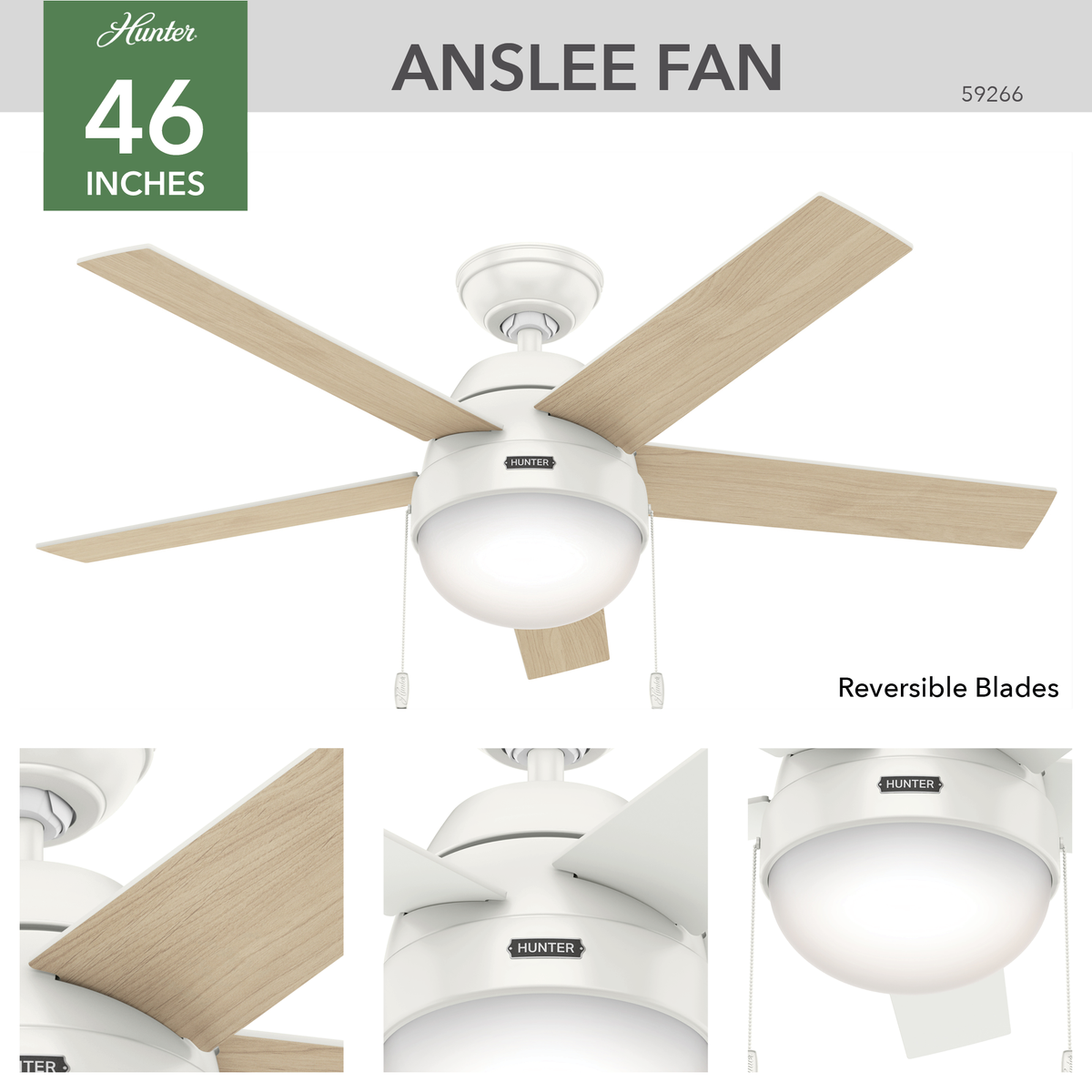 46 inch Anslee Fresh White Ceiling Fan with LED Light Kit and Pull Chain