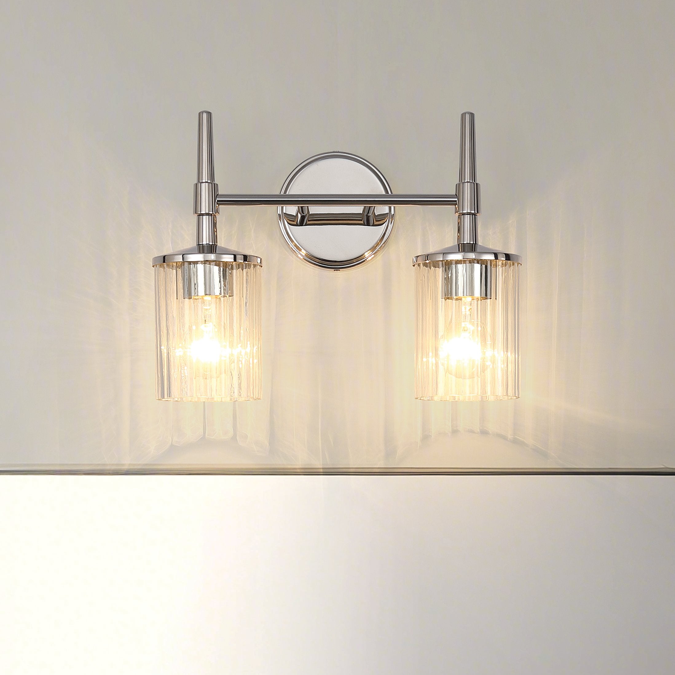 Andrea 15-inch 2-light Polished Nickel Vanity Light with Clear Ribbed Glass Shades