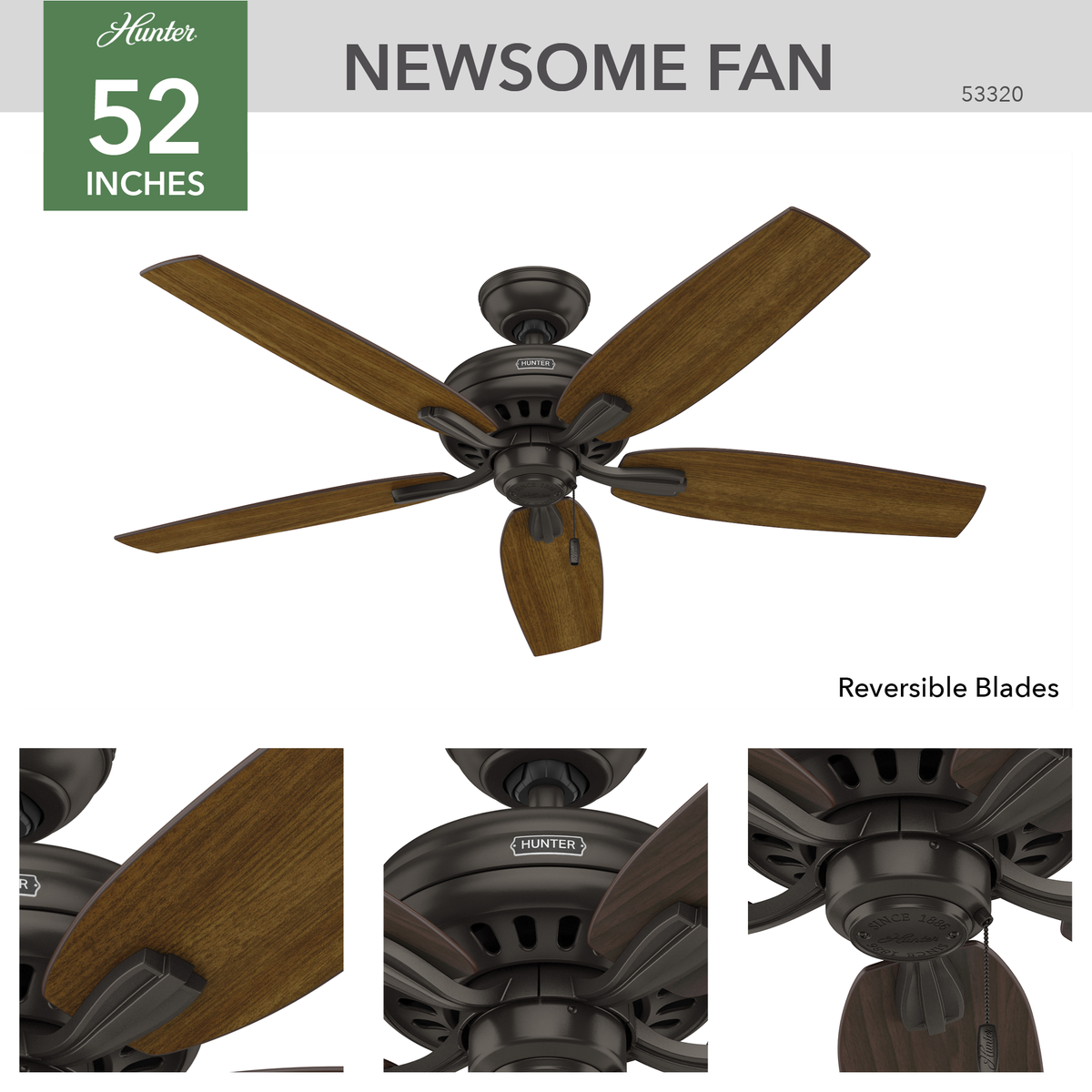 52 inch Newsome Premier Bronze Ceiling Fan and Pull Chain