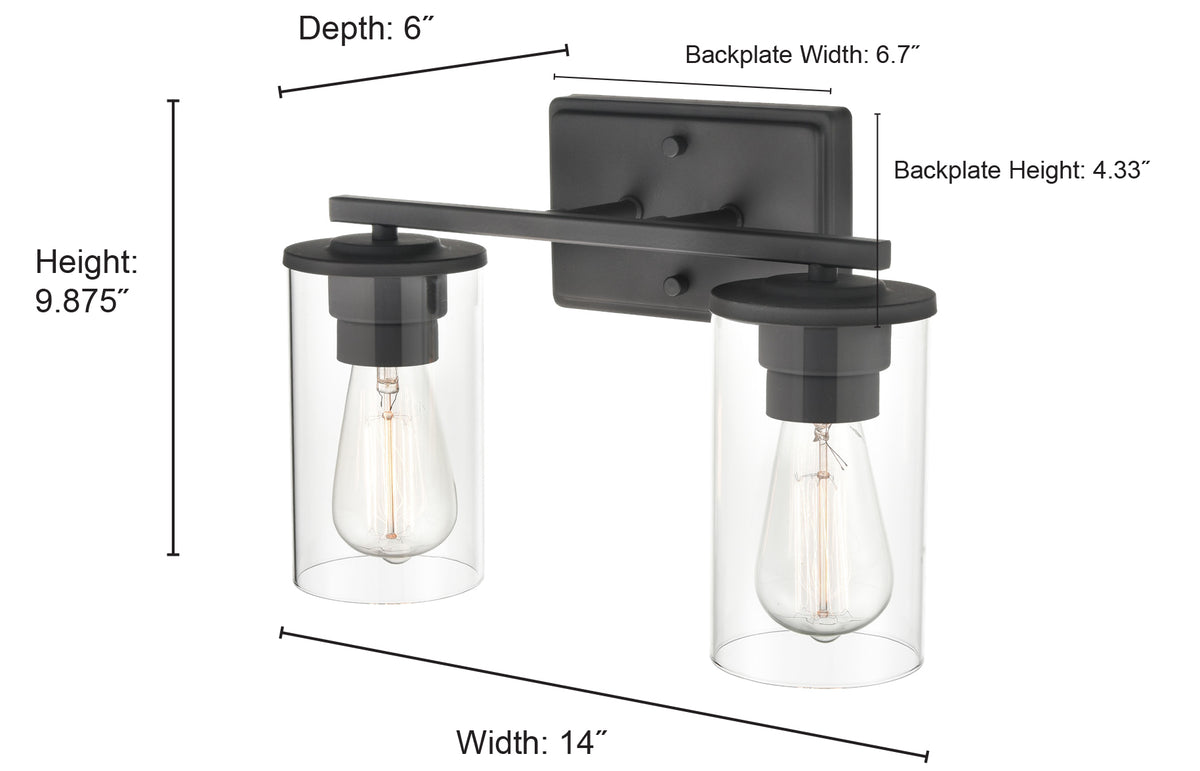 14-inch Verlana Matte Black 2-Light Clear Glass Bathroom Vanity Light
