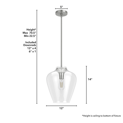 Vidria 12-inch 1-light Brushed Nickel Pendant with Clear Glass