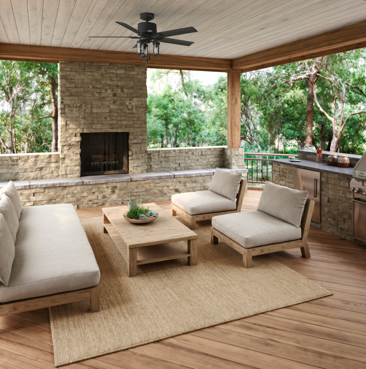 52 inch Lawndale Matte Black Damp Rated Ceiling Fan with LED Light Kit and Pull Chain