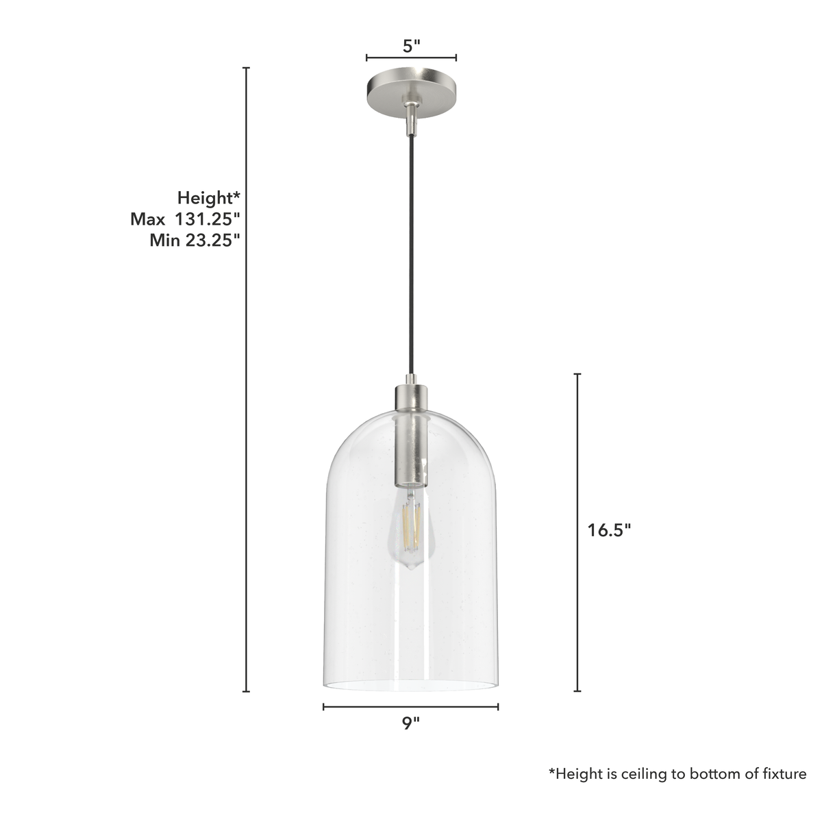 Lochemeade 9-inch 1-light Brushed Nickel Pendant with Clear Seeded Glass