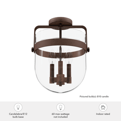 Karloff 11.75-inch 3-light Textured Rust Semi-Flush Mount with Clear Glass