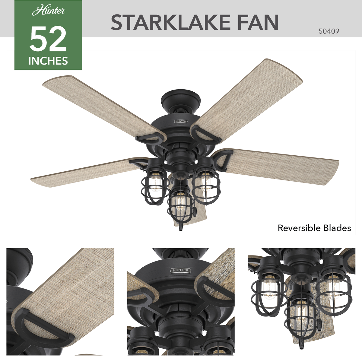 52 inch Starklake Natural Black Iron Damp Rated Ceiling Fan with LED Light Kit and Pull Chain