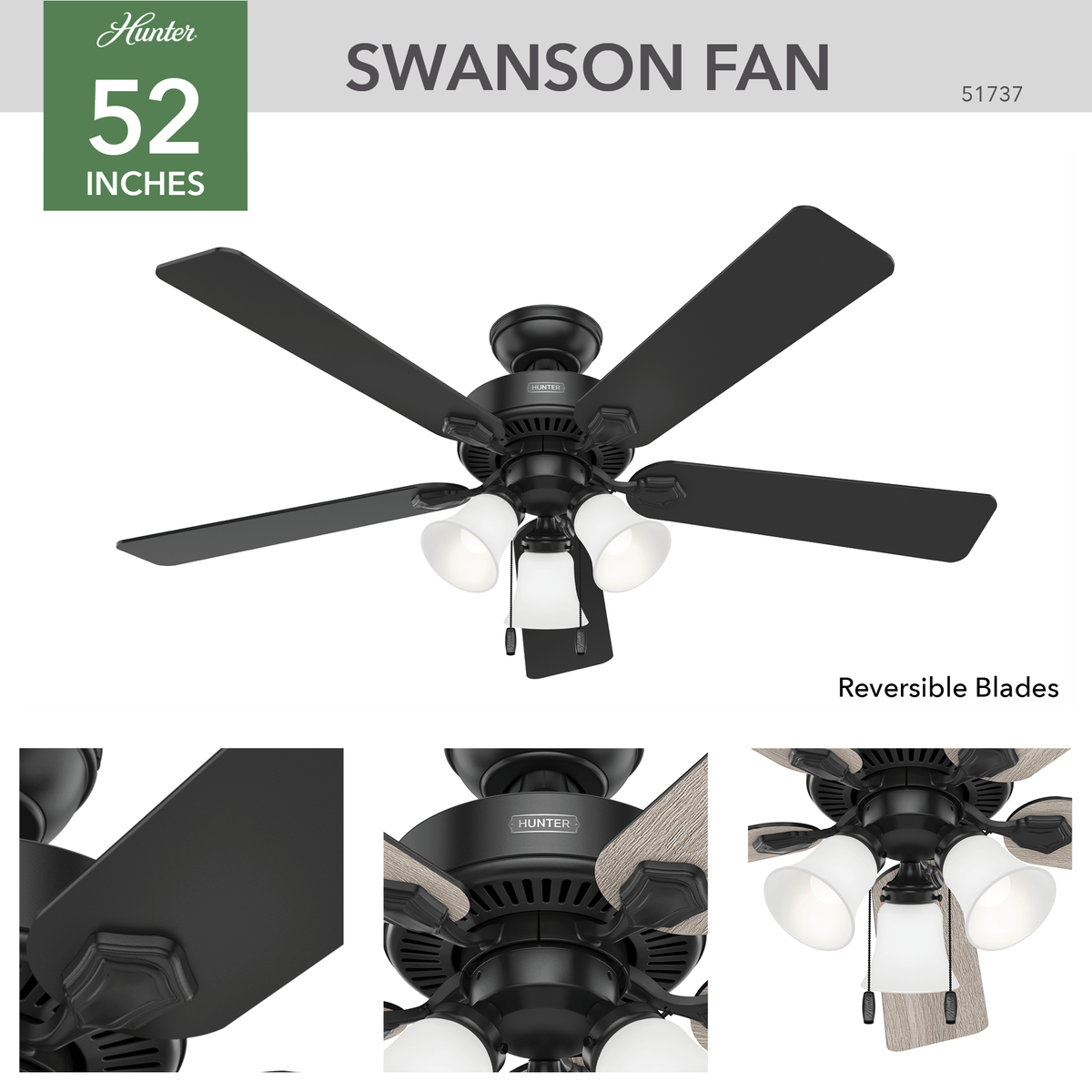 52 inch Swanson Matte Black Ceiling Fan with LED Light Kit
