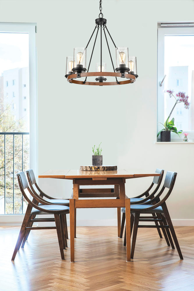 24.5'' Taos Matte Black/Wood Grain 5 Light Chandelier