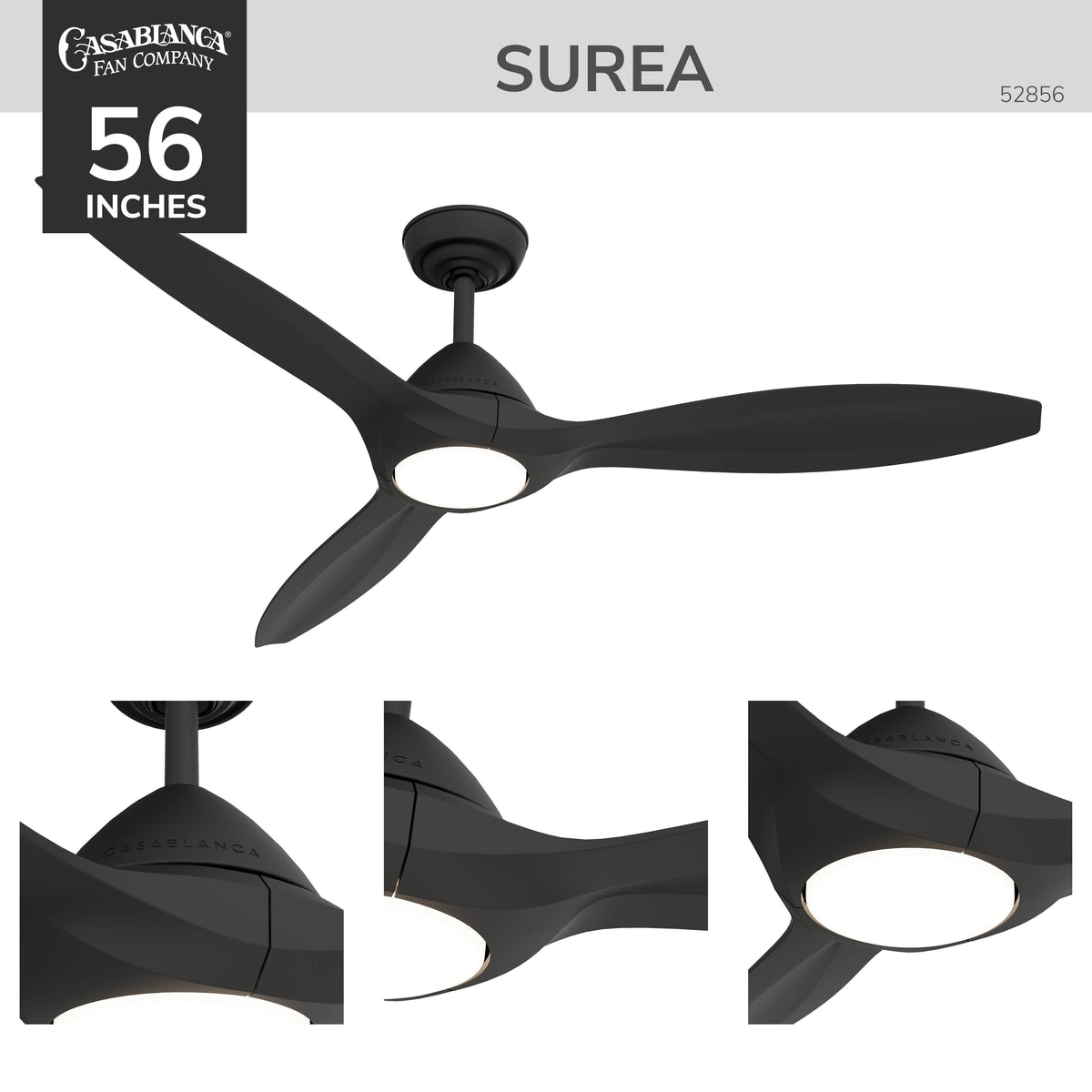Casablanca 56 inch Surea ENERGY STAR® Matte Black Damp Rated Ceiling Fan with LED Light Kit and Wall Control and Handheld Remote