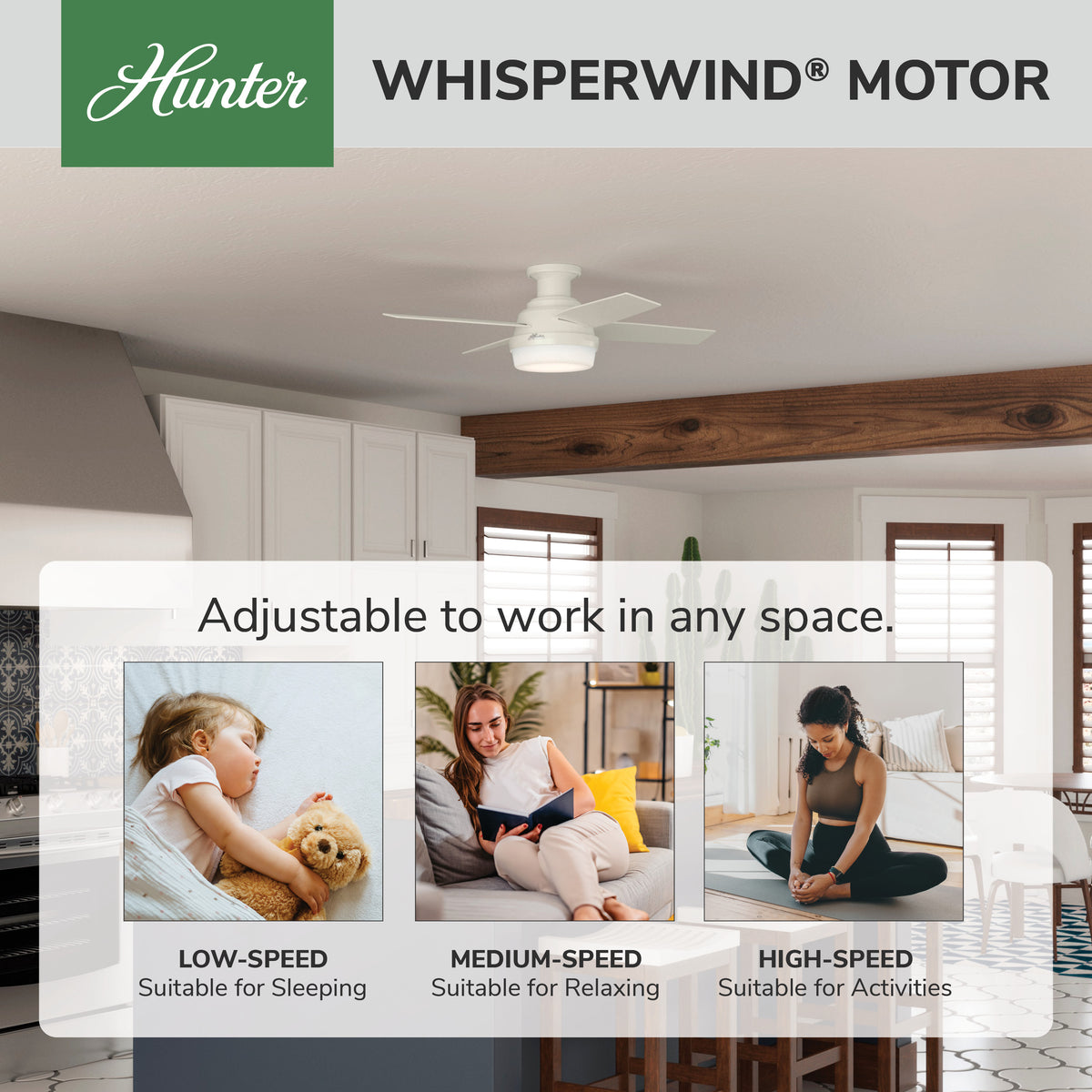 44 inch Dempsey Fresh White Low Profile Damp Rated Ceiling Fan with LED Light Kit and Handheld Remote
