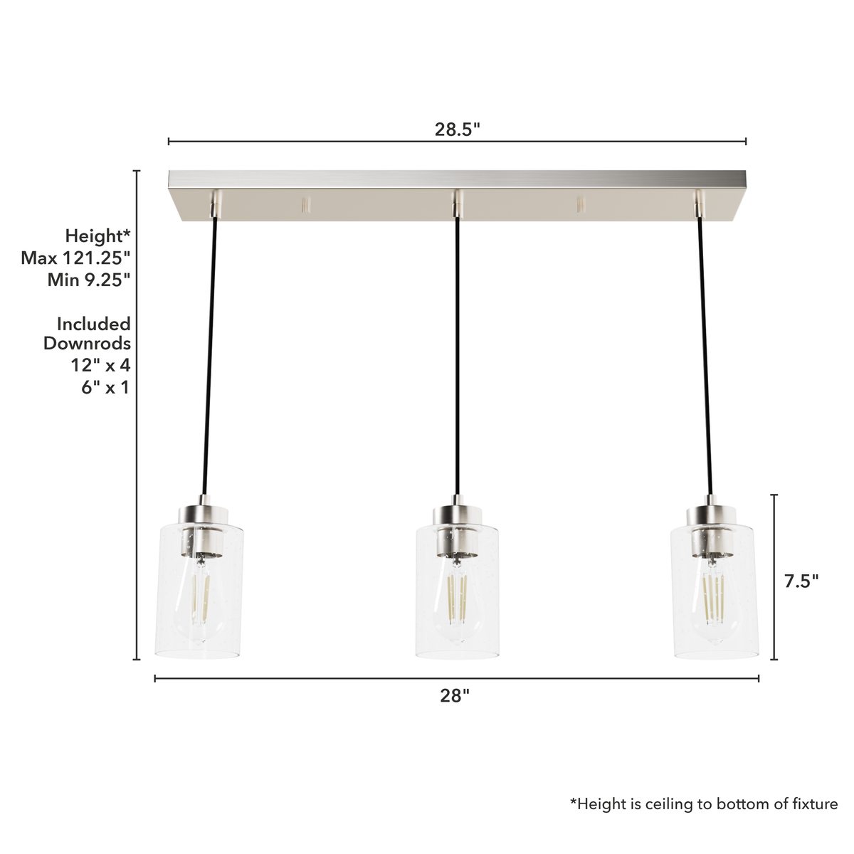 Hartland 26.75-inch 3-light Brushed Nickel Linear Pendant Cluster with Seeded Glass