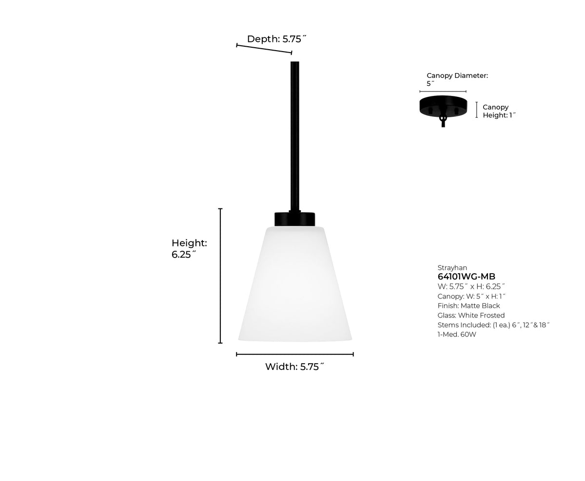 5.75-inch Strayhan Matte Black 1-Light White Frosted Glass Pendant Light