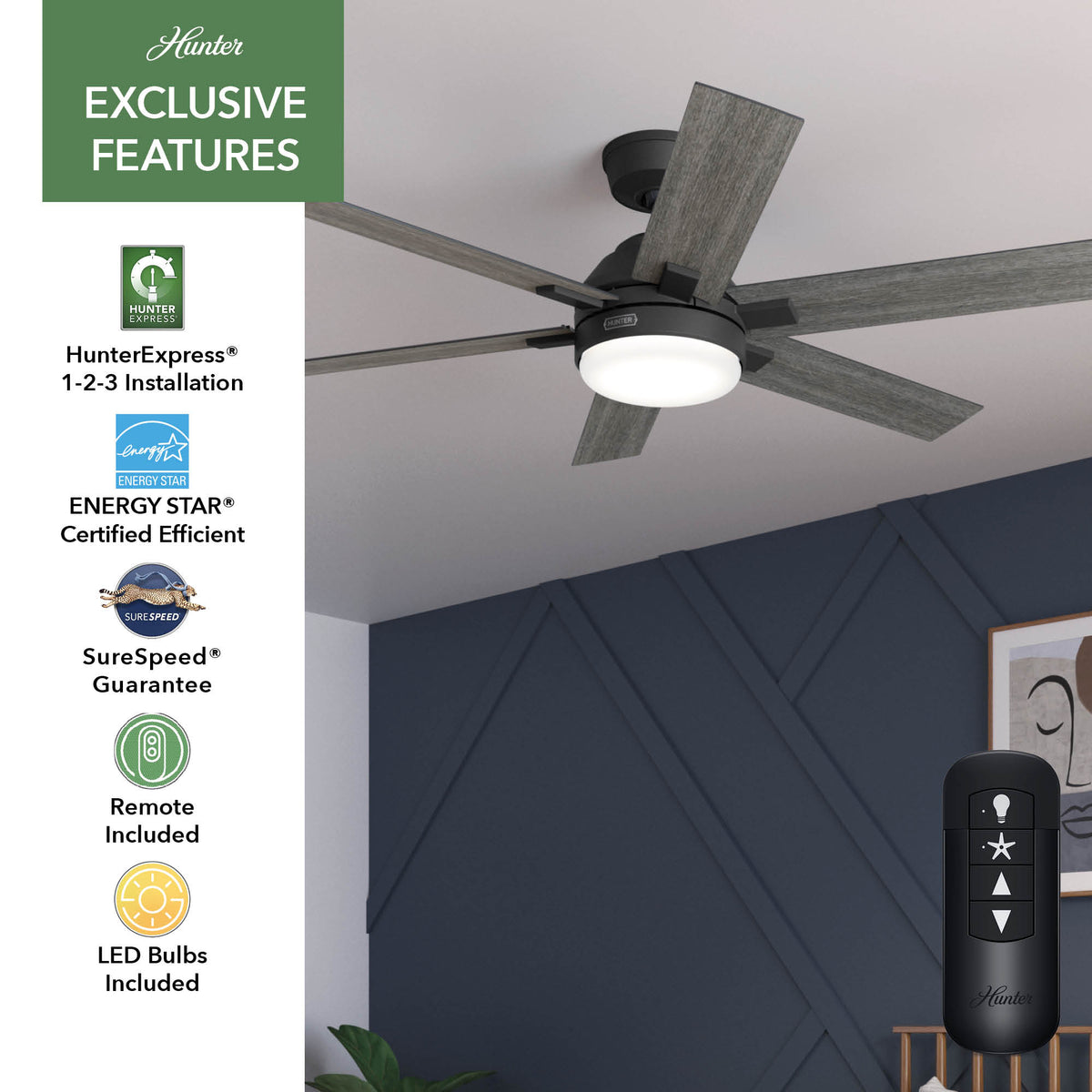 52 inch Georgetown ENERGY STAR® HunterExpress Matte Black Ceiling Fan with LED Light Kit and Handheld Remote