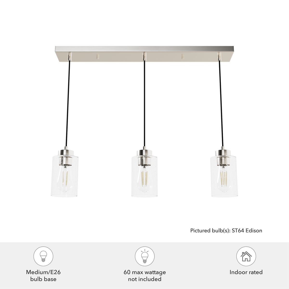Hartland 26.75-inch 3-light Brushed Nickel Linear Pendant Cluster with Seeded Glass