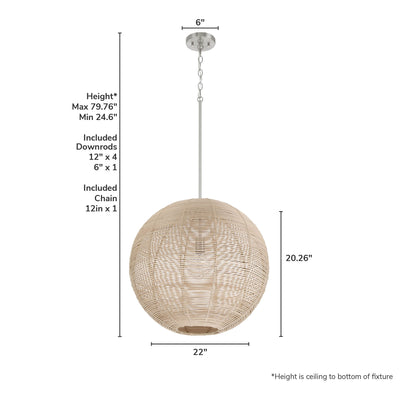 Berkeley 22-inch 1-light Brushed Nickel Orb Pendant with Natural Rattan Shade