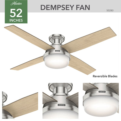 52 inch Dempsey Brushed Nickel Low Profile Ceiling Fan with LED Light Kit