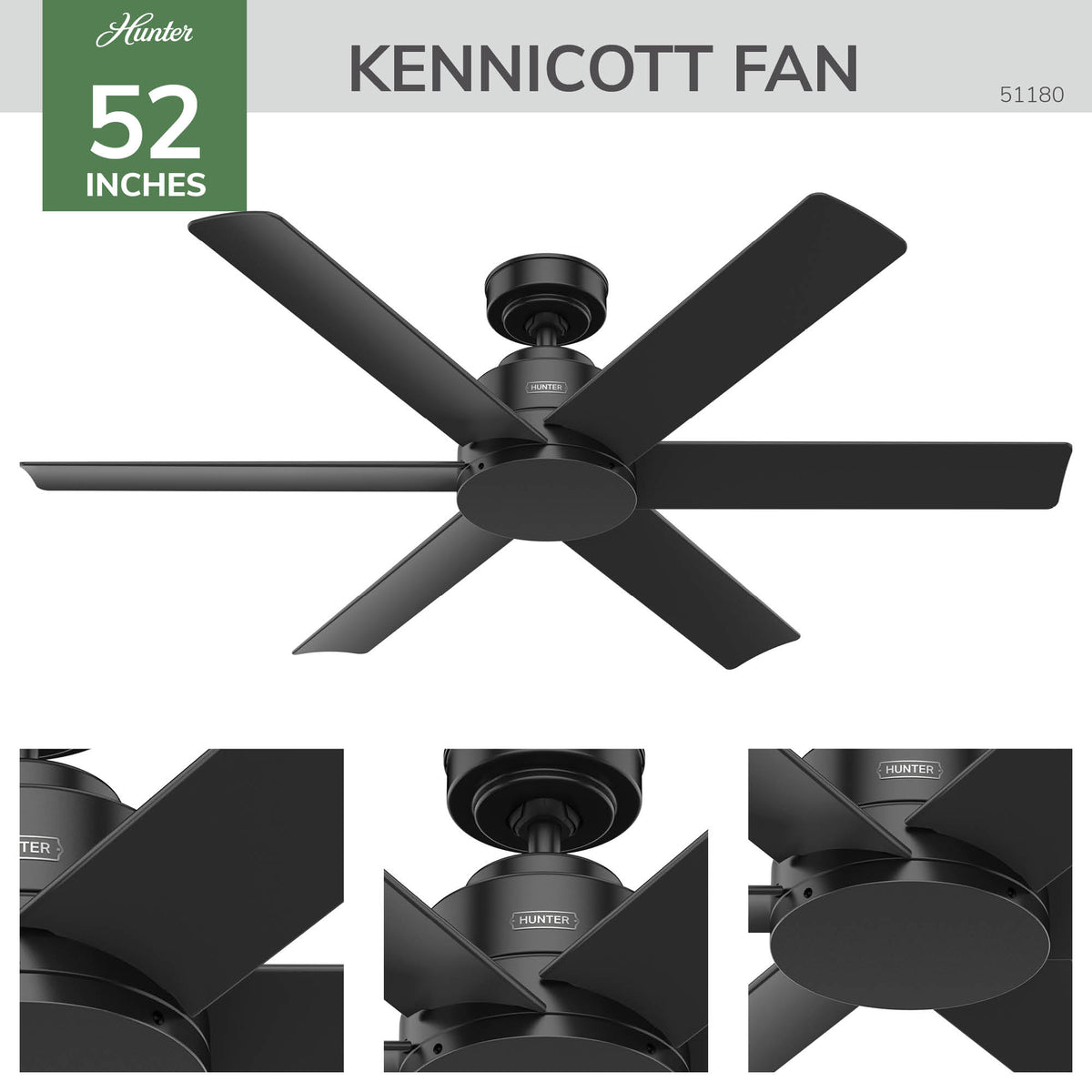 52 inch Kennicott Matte Black Damp Rated Ceiling Fan and Wall Control
