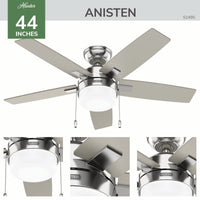 44 inch Anisten Brushed Nickel Ceiling Fan with LED Light Kit and Pull Chain