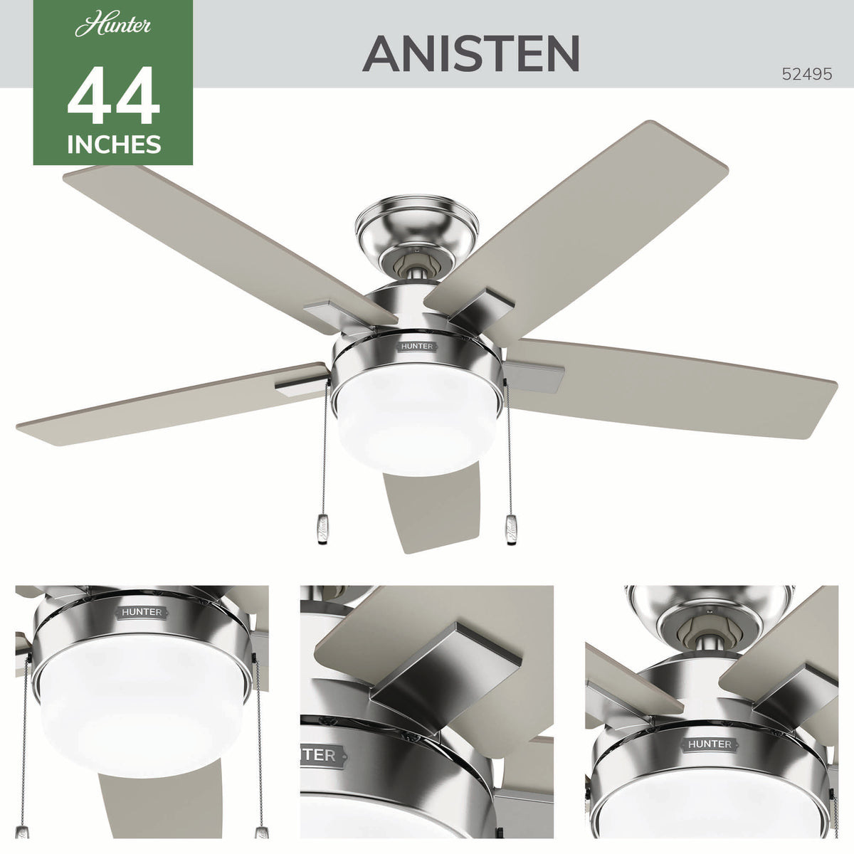 44 inch Anisten Brushed Nickel Ceiling Fan with LED Light Kit and Pull Chain