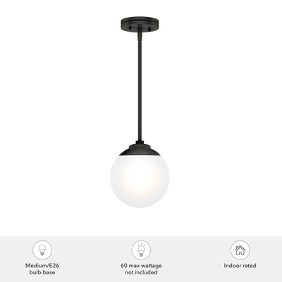 Hepburn 8-inch 1-light Matte Black Globe Pendant with Cased White Glass