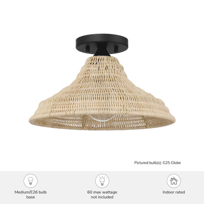 Agoura 14-inch 1-light Matte Black Flush Mount Ceiling Light with Natural Rattan Shade
